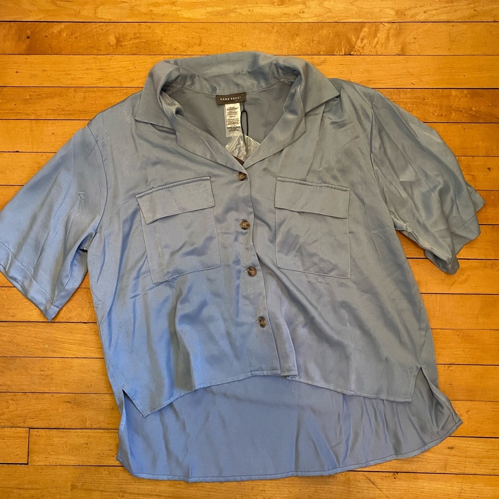 Sans Sochi Slate Blue Silky Button down NWT